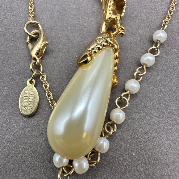Vintage Nolan Miller Glamour Collection Gold Tone Faux Pearl Teardrop Necklace - Picture 4 of 15